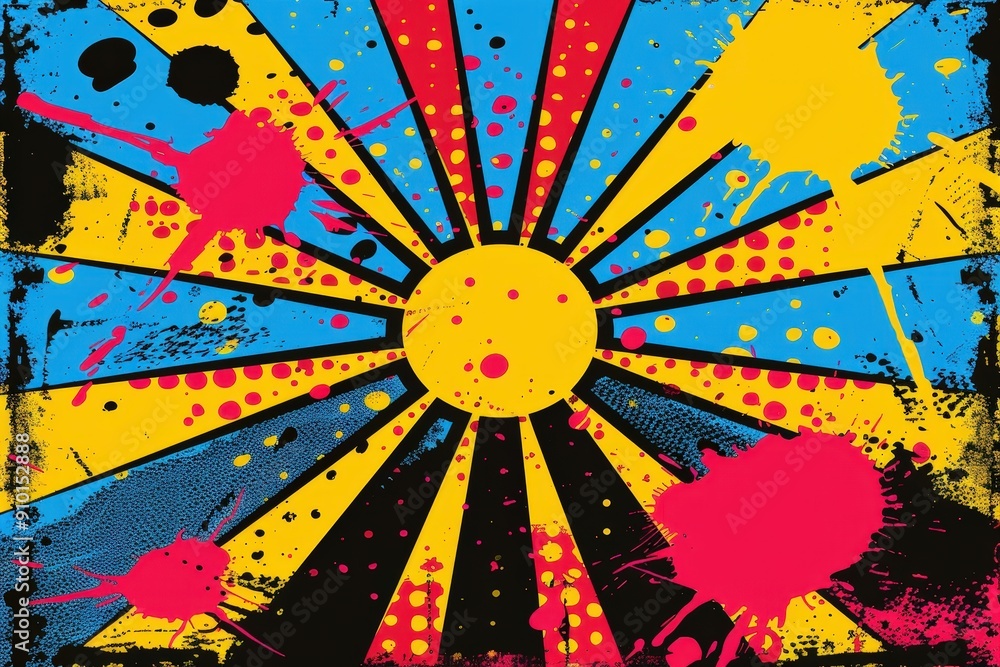 Leinwandbilder a lively composition showcases a sunburst design in yellow, red, and blue with splatters of paint cr