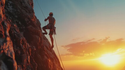 Muscular climber man in protective helmet abseiling from cliff rock wall using rope Belay device and climbing harness on evening sunset sky background. Active extreme sports time spending concept.