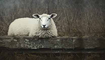 
Sheep lying on a wood in the field. Copy space

