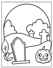 Halloween Graveyard coloring page design, Halloween Vector design, Halloween Black and white design.