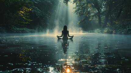 Obraz premium Person Meditating Near Serene Forest Lake at Sunrise