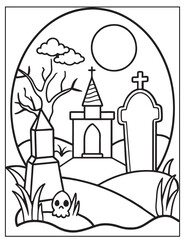 Halloween graveyard coloring page design, Halloween vector design, Halloween  black and white design, 
