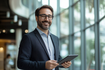 Fototapeta premium Confident businessman in glasses and a suit smiles while holding a tablet in a modern, well-lit office environment. 