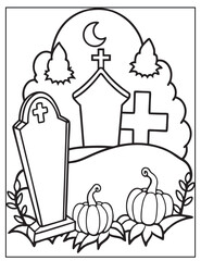 Halloween graveyard coloring page design, Halloween vector design, Halloween  black and white design, 