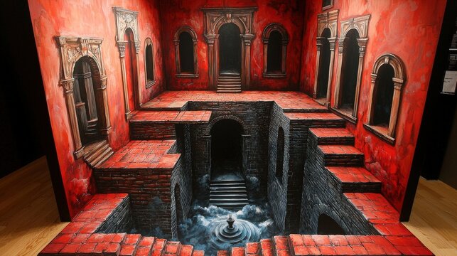 A detailed three-dimensional mural features a red brick courtyard with stairs, doorways, and a central fountain flowing with water - Powered by Adobe