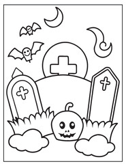 Halloween graveyard coloring page design, Halloween vector design, Halloween  black and white design, 