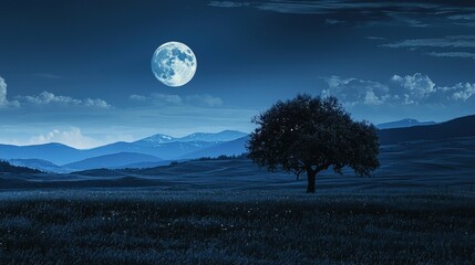 A bright full moon illuminates a tranquil landscape featuring a solitary tree and rolling hills under a starry sky