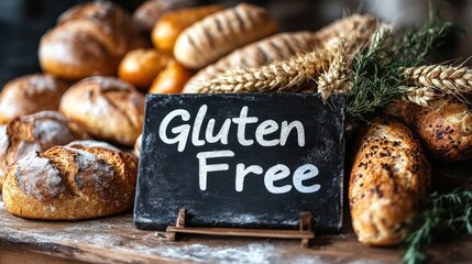 A selection of gluten free breads and buns arranged artfully on a wooden table, showcasing a variety of textures and shapes