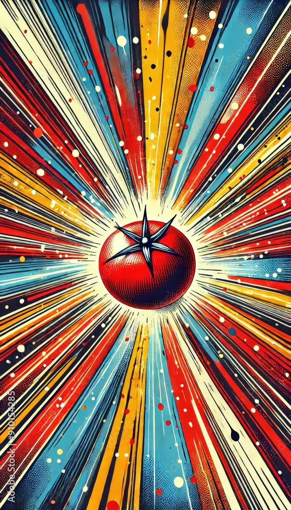Poster A vibrant red tomato bursts with energy, radiating colorful lines and dots in all directions, creating a captivating explosion of color and motion
