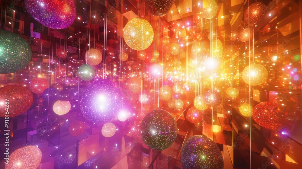 Aufkleber a captivating arrangement of shimmering orbs suspended in a radiant space, illuminated by colorful l