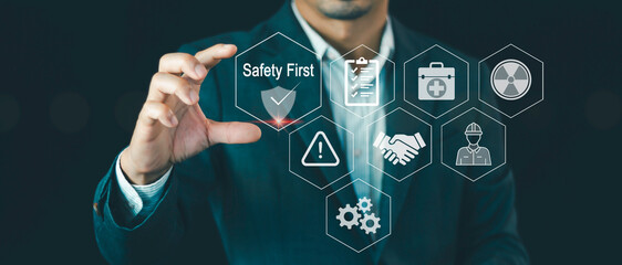 Safety First, icons for warning, first secure rules, regulations and standard in industry, health...