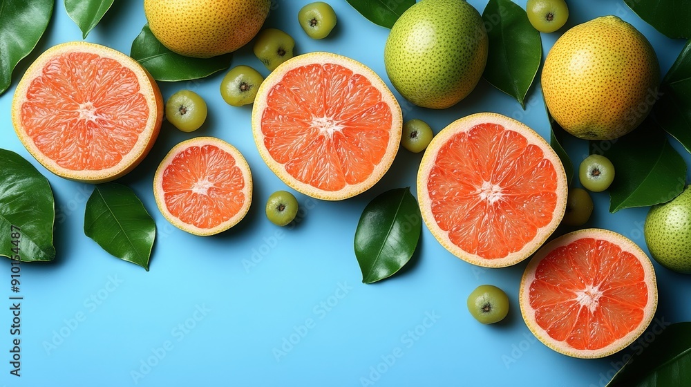 Poster slices of grapefruit and pomelo are displayed alongside whole fruits and green leaves on a vibrant b