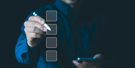 Businessman use pen to tick correct sign mark in checkbox for quality document control checklist,...