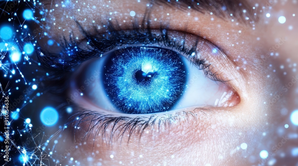 Poster a mesmerizing close-up of a human eye illuminated with cosmic blue patterns, showcasing intricate de