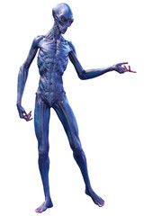 3D Rendering Blue Alien on White