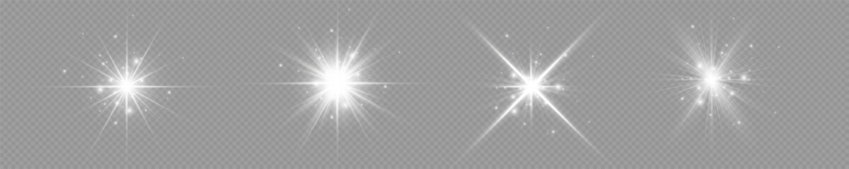 Stars bright white. Glow light effect. Transparent light effect sparkl, lens flare, explosion, glitter, sun flash, sparks and stars. Sunlight, abstract special effect.