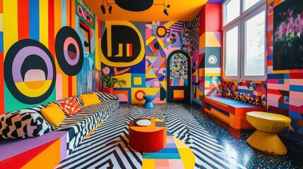 A lively room filled with geometric patterns, bright colors, and unique furniture, creating an energetic and playful atmosphere for relaxation