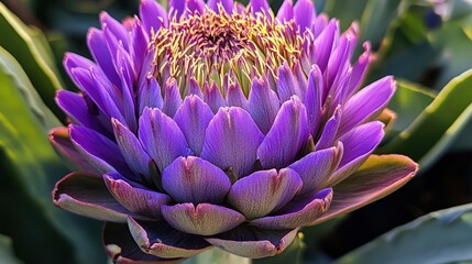 A vibrant purple artichoke flower fully blossoms in a sunlit garden, showcasing its intricate petals and rich colors amidst green leaves