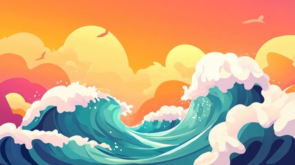 Whimsical cartoon sea waves, with bold shapes and a lively, animated background.
