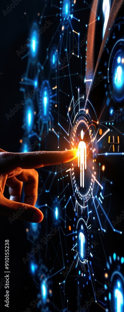 Poster futuristic technology interface with a hand touching a digital screen, representing innovation and a
