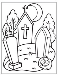 Halloween graveyard coloring page design, Halloween vector design, Halloween  black and white design, 