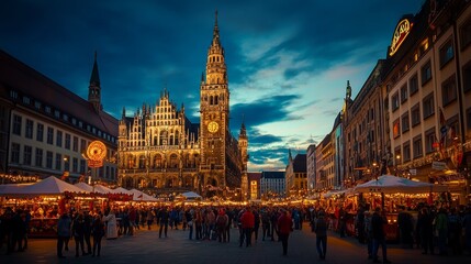 Naklejka premium Oktoberfest festival view of the German city at night with market square lit with lights and crowd of people