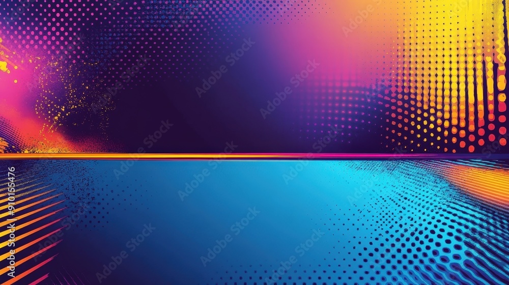 Poster An abstract design combines vibrant colors and patterns, showcasing a dynamic interplay of dots, stripes, and gradients