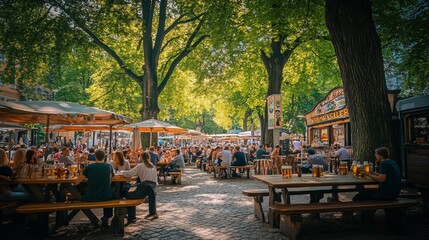 Obraz premium Oktoberfest festival venue biergarten in Munich filled with crowd of tourists. Mass tourism destination in Germany. 