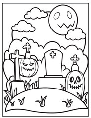 Halloween graveyard coloring page design, Halloween vector design, Halloween  black and white design, 