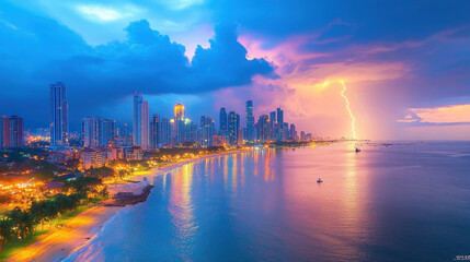 Fototapeta premium Thunderstorm, lightning strikes over cityscape