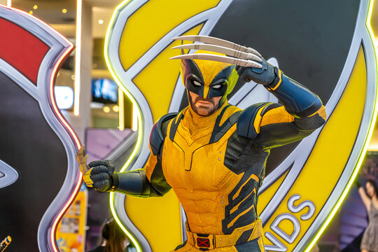 Bangkok, Thailand - August 03, 2024: Life-size model of Wolverine, the iconic antihero from Marvel Comics of a movie called Deadpool Wolverine display at the cinema to promote the movie