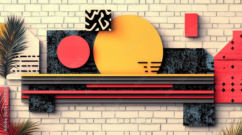 Aufkleber bold geometric shapes in vibrant colors create an eye-catching display against a textured white bric