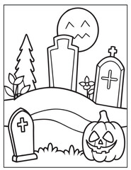 Halloween graveyard coloring page design, Halloween vector design, Halloween  black and white design, 