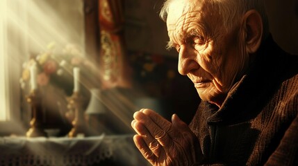 Elderly man in serene prayer, sunlight gracefully illuminating his face,Ideal for themes of spirituality, inner peace, and reflective moments.Belief