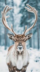 Reindeer in a snowy forest, magical atmosphere