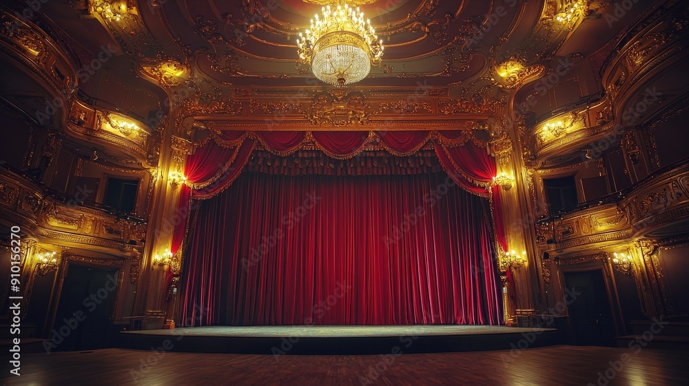 Aufkleber the ornate theater displays a grand chandelier above an empty stage with rich red curtains, setting 