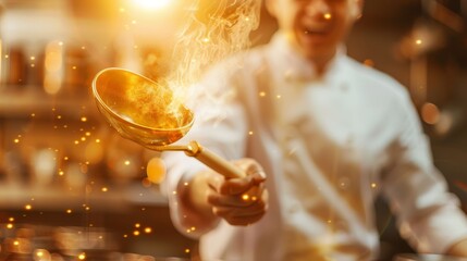 Winner of a cooking competition holding a golden spatula