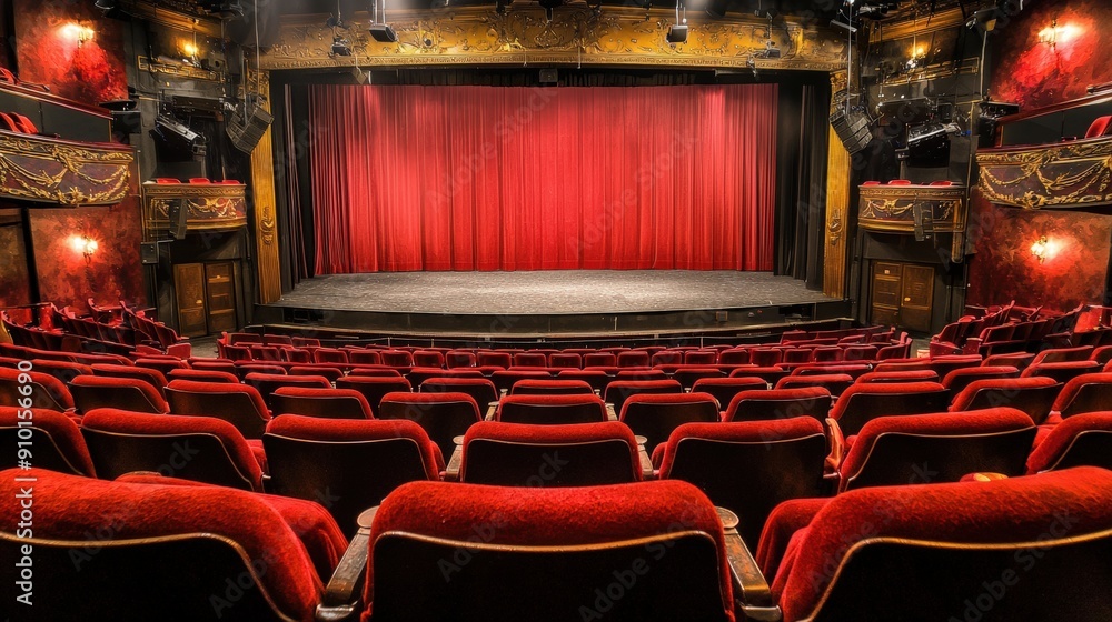 Aufkleber The theater features a deep red curtain drawn across the stage, surrounded by ornate decor and empty seating awaiting the audience