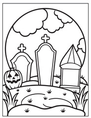 Halloween graveyard coloring page design, Halloween vector design, Halloween  black and white design, 