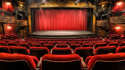 The theater features a deep red curtain drawn across the stage, surrounded by ornate decor and empty seating awaiting the audience