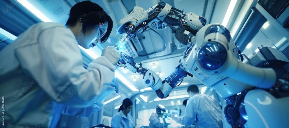 Poster scientists collaborating with advanced robots in high-tech lab. generative ai.