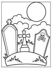 Halloween graveyard coloring page design, Halloween vector design, Halloween  black and white design, 