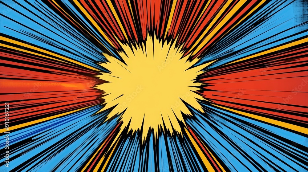 Poster a vibrant explosion radiates with yellow, red, and blue lines creating a powerful and energetic visu
