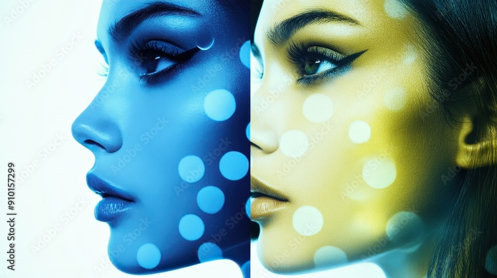 Aufkleber two women showcase striking makeup styles with contrasting colors, emphasizing their features and ex