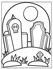 Halloween graveyard coloring page design, Halloween vector design, Halloween  black and white design, 
