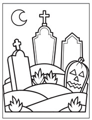 Halloween graveyard coloring page design, Halloween vector design, Halloween  black and white design, 