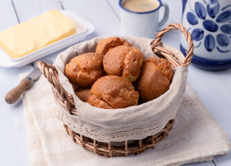 Broa, typical brazilian corn flour bread with butter and coffee