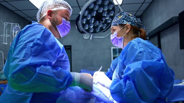 Surgeons cooperating at surgery talk during the procedure. Female doctor using the metal forceps takes electric tool.