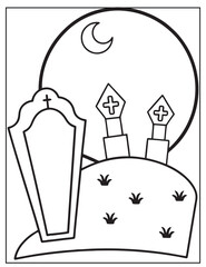 Halloween graveyard coloring page design, Halloween vector design, Halloween  black and white design, 