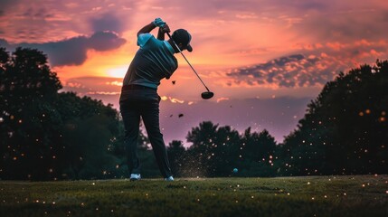 A man is swinging a golf club on a golf course at sunset